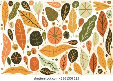 nahtloses Herbstmuster mit verschiedenen Blättern und Pflanzen, saisonale Farben