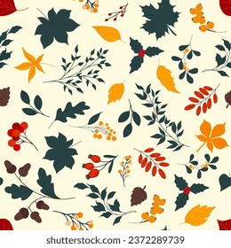 Autumn seamless pattern with different leaves and plants, seasonal colors