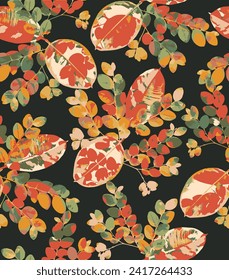 Patrón de otoño sin fisuras con hojas y plantas diferentes, colores estacionales. deja un patrón sin fisuras para el diseño de fondo, envoltura, tela, textil, envoltura, superficie, web e impresión.