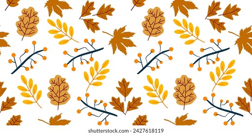 Autumn seamless pattern with different leaves and plants Nature Plant leaf Vector seamless. leaf pattern Seamless pattern hand-drawn with tropical leaves. floral seamless pattern