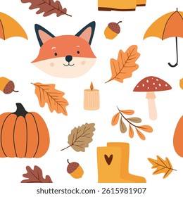 Autumn seamless pattern with different leaves, mushrooms, fox and pumpkin, seasonal colors. Vector illustration