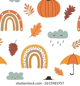 Autumn seamless pattern with different leaves and rainbows, seasonal colors