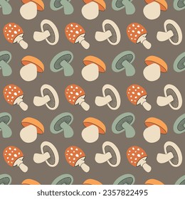Autumn seamless pattern with different mushrooms on a dark background. Design for fabric, packaging, background. Vector image