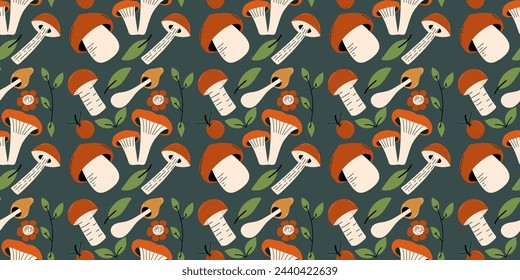 Autumn seamless pattern with different mushrooms and leaves. Vector illustration