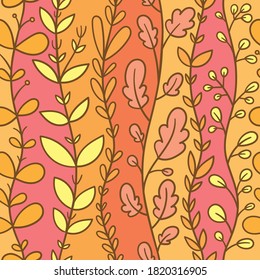 Herbstnahtloses Muster mit verschiedenen Pflanzen auf orangefarbenem Hintergrund. Vektorgrafik mit Kräutern.