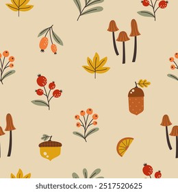 Autumn seamless pattern with different plants, mushrooms and acorns. Vector illustration