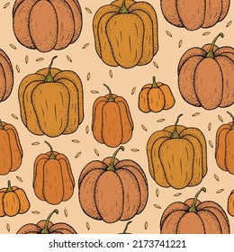 Autumn seamless pattern with different pumpkins and seeds on beige background