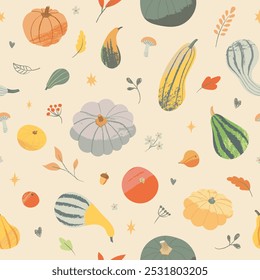 Autumn seamless pattern with different pumpkins, leaves and more. Thanksgiving background. Suitable for harvest festival, textile or seasonal fall decor