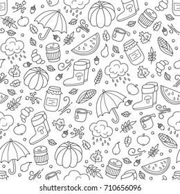 Autumn. Seamless pattern in doodle and cartoon style. Outline