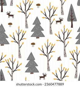 Autumn seamless pattern with doodle hand drawn birch and fir trees forest and deers. Cartoon flat Scandinavian style, design textile fabric, wrapping paper, wallpaper, kids. Vector.
