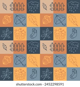 Autumn seamless pattern in doodle style. Geometric pattern with autumn leaves, apples, acorns. Vector illustration