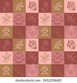 Autumn seamless pattern in doodle style. Geometric pattern with autumn leaves, pumpkin, warm clothes and mushrooms. Vector illustration