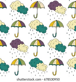 Autumn seamless pattern with doodle umbrellas. Vector cartoon illustration on white background.