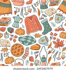Autumn seamless pattern with doodles, decorative elements for wallpaper, scrapbooking, digital paper, wrapping paper, backgrounds, textile prints, etc. EPS 10
