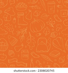 Patrón sin fisuras de otoño con doodles sobre fondo naranja para papel de pared, papel de embalaje, reserva de recortes, papel, papel, impresiones textiles, etc. EPS 10