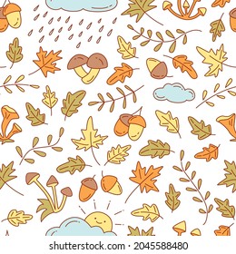 Autumn  seamless pattern. Doodling vector color illustration in outline style with maple and oak leaves, acorns, mushrooms.	