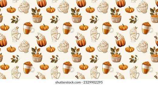 Otoño sin fisuras con bebidas y postres. Decoración del hogar, Diseño textil, Papel envoltorio, Papelería, Scrapbooking, Fondos de pantalla digitales, fondos de página web. Ilustración vectorial.