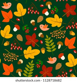 autumn seamless pattern with autumn elements: leaves, birds, berries. mushrooms on a green background