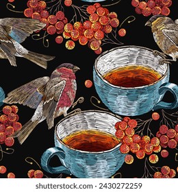 Autumn seamless pattern. Embroidery cup of tea, birds and mountain ash berries. Fall garden template of clothes, tapestry, t-shirt design