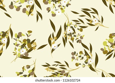 Autumn Seamless Pattern with Eucalyptus Leaves. Foliage Natural Branches. Decorative Background in Vintage Style. Seamless Eucalyptus Pattern for Fabric, Textile, Wrapping Paper, Cloth, Dress, Print.