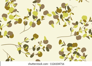 Autumn Seamless Pattern with Eucalyptus Leaves. Foliage Natural Branches. Decorative Background in Vintage Style. Seamless Eucalyptus Pattern for Fabric, Textile, Wrapping Paper, Cloth, Dress, Print.