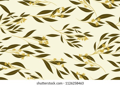 Autumn Seamless Pattern with Eucalyptus Leaves. Foliage Natural Branches. Decorative Background in Vintage Style. Seamless Eucalyptus Pattern for Fabric, Textile, Wrapping Paper, Cloth, Dress, Print.