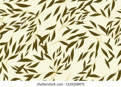 Autumn Seamless Pattern with Eucalyptus Leaves. Foliage Natural Branches. Decorative Background in Vintage Style. Seamless Eucalyptus Pattern for Fabric, Textile, Wrapping Paper, Cloth, Dress, Print.