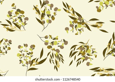 Autumn Seamless Pattern with Eucalyptus Leaves. Foliage Natural Branches. Decorative Background in Vintage Style. Seamless Eucalyptus Pattern for Fabric, Textile, Wrapping Paper, Cloth, Dress, Print.