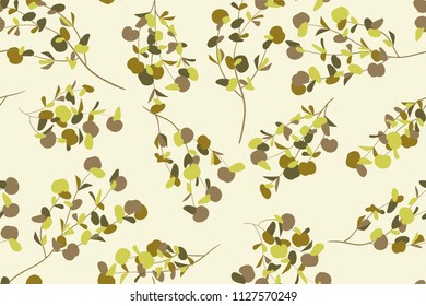 Autumn Seamless Pattern with Eucalyptus Leaves. Foliage Natural Branches. Decorative Background in Vintage Style. Seamless Eucalyptus Pattern for Fabric, Textile, Wrapping Paper, Cloth, Dress, Print.