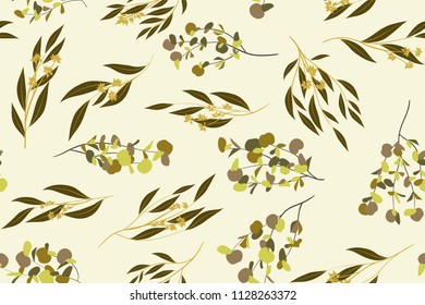 Autumn Seamless Pattern with Eucalyptus Leaves. Foliage Natural Branches. Decorative Background in Vintage Style. Seamless Eucalyptus Pattern for Fabric, Textile, Wrapping Paper, Cloth, Dress, Print.