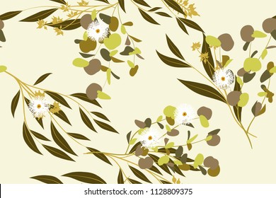 Autumn Seamless Pattern with Eucalyptus Leaves. Foliage Natural Branches. Decorative Background in Vintage Style. Seamless Eucalyptus Pattern for Fabric, Textile, Wrapping Paper, Cloth, Dress, Print.