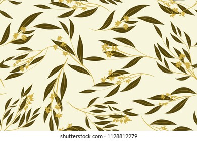 Autumn Seamless Pattern with Eucalyptus Leaves. Foliage Natural Branches. Decorative Background in Vintage Style. Seamless Eucalyptus Pattern for Fabric, Textile, Wrapping Paper, Cloth, Dress, Print.