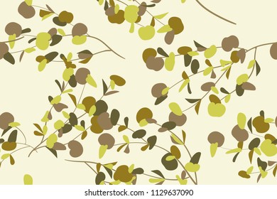 Autumn Seamless Pattern with Eucalyptus Leaves. Foliage Natural Branches. Decorative Background in Vintage Style. Seamless Eucalyptus Pattern for Fabric, Textile, Wrapping Paper, Cloth, Dress, Print.