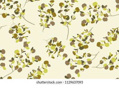 Autumn Seamless Pattern with Eucalyptus Leaves. Foliage Natural Branches. Decorative Background in Vintage Style. Seamless Eucalyptus Pattern for Fabric, Textile, Wrapping Paper, Cloth, Dress, Print.