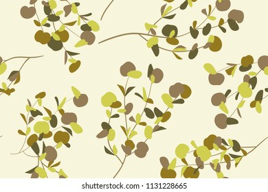 Autumn Seamless Pattern with Eucalyptus Leaves. Foliage Natural Branches. Decorative Background in Vintage Style. Seamless Eucalyptus Pattern for Fabric, Textile, Wrapping Paper, Cloth, Dress, Print.