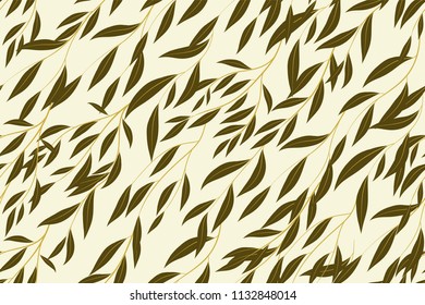 Autumn Seamless Pattern with Eucalyptus Leaves. Foliage Natural Branches. Decorative Background in Vintage Style. Seamless Eucalyptus Pattern for Fabric, Textile, Wrapping Paper, Cloth, Dress, Print.