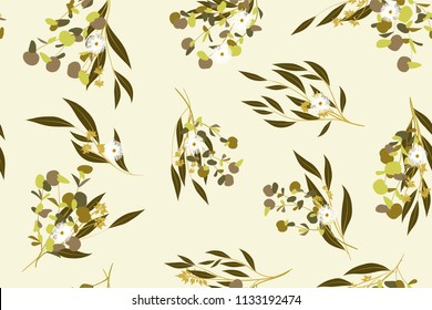 Autumn Seamless Pattern with Eucalyptus Leaves. Foliage Natural Branches. Decorative Background in Vintage Style. Seamless Eucalyptus Pattern for Fabric, Textile, Wrapping Paper, Cloth, Dress, Print.
