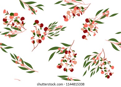 Autumn Seamless Pattern with Eucalyptus Leaves. Foliage Natural Branches. Decorative Background in Vintage Style. Seamless Eucalyptus Pattern for Fabric, Textile, Wrapping Paper, Cloth, Dress, Print.