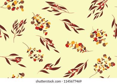 Autumn Seamless Pattern with Eucalyptus Leaves. Foliage Natural Branches. Decorative Background in Vintage Style. Seamless Eucalyptus Pattern for Fabric, Textile, Wrapping Paper, Cloth, Dress, Print.