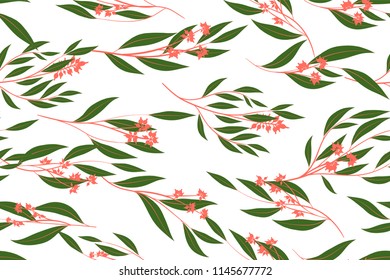 Autumn Seamless Pattern with Eucalyptus Leaves. Foliage Natural Branches. Decorative Background in Vintage Style. Seamless Eucalyptus Pattern for Fabric, Textile, Wrapping Paper, Cloth, Dress, Print.