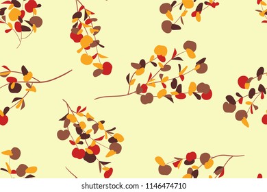 Autumn Seamless Pattern with Eucalyptus Leaves. Foliage Natural Branches. Decorative Background in Vintage Style. Seamless Eucalyptus Pattern for Fabric, Textile, Wrapping Paper, Cloth, Dress, Print.