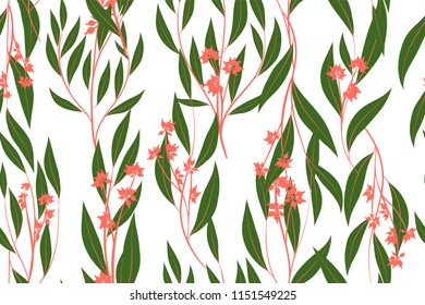 Autumn Seamless Pattern with Eucalyptus Leaves. Foliage Natural Branches. Decorative Background in Vintage Style. Seamless Eucalyptus Pattern for Fabric, Textile, Wrapping Paper, Cloth, Dress, Print.