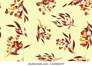 Autumn Seamless Pattern with Eucalyptus Leaves. Foliage Natural Branches. Decorative Background in Vintage Style. Seamless Eucalyptus Pattern for Fabric, Textile, Wrapping Paper, Cloth, Dress, Print.