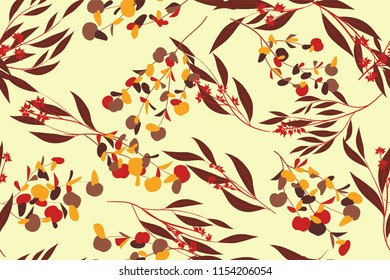 Autumn Seamless Pattern with Eucalyptus Leaves. Foliage Natural Branches. Decorative Background in Vintage Style. Seamless Eucalyptus Pattern for Fabric, Textile, Wrapping Paper, Cloth, Dress, Print.