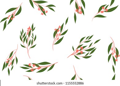 Autumn Seamless Pattern with Eucalyptus Leaves. Foliage Natural Branches. Decorative Background in Vintage Style. Seamless Eucalyptus Pattern for Fabric, Textile, Wrapping Paper, Cloth, Dress, Print.