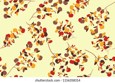 Autumn Seamless Pattern with Eucalyptus Leaves. Foliage Natural Branches. Decorative Background in Vintage Style. Seamless Eucalyptus Pattern for Fabric, Textile, Wrapping Paper, Cloth, Dress, Print.