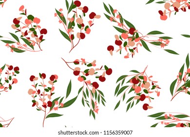 Autumn Seamless Pattern with Eucalyptus Leaves. Foliage Natural Branches. Decorative Background in Vintage Style. Seamless Eucalyptus Pattern for Fabric, Textile, Wrapping Paper, Cloth, Dress, Print.