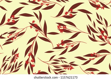 Autumn Seamless Pattern with Eucalyptus Leaves. Foliage Natural Branches. Decorative Background in Vintage Style. Seamless Eucalyptus Pattern for Fabric, Textile, Wrapping Paper, Cloth, Dress, Print.