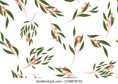 Autumn Seamless Pattern with Eucalyptus Leaves. Foliage Natural Branches. Decorative Background in Vintage Style. Seamless Eucalyptus Pattern for Fabric, Textile, Wrapping Paper, Cloth, Dress, Print.