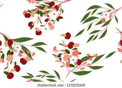 Autumn Seamless Pattern with Eucalyptus Leaves. Foliage Natural Branches. Decorative Background in Vintage Style. Seamless Eucalyptus Pattern for Fabric, Textile, Wrapping Paper, Cloth, Dress, Print.